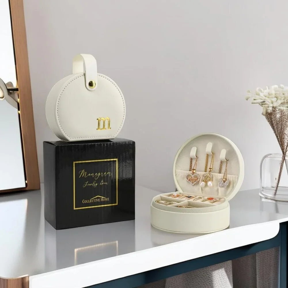 Travel Jewelry Case Mini Organizer with Gold Monogram and Detachable Handle